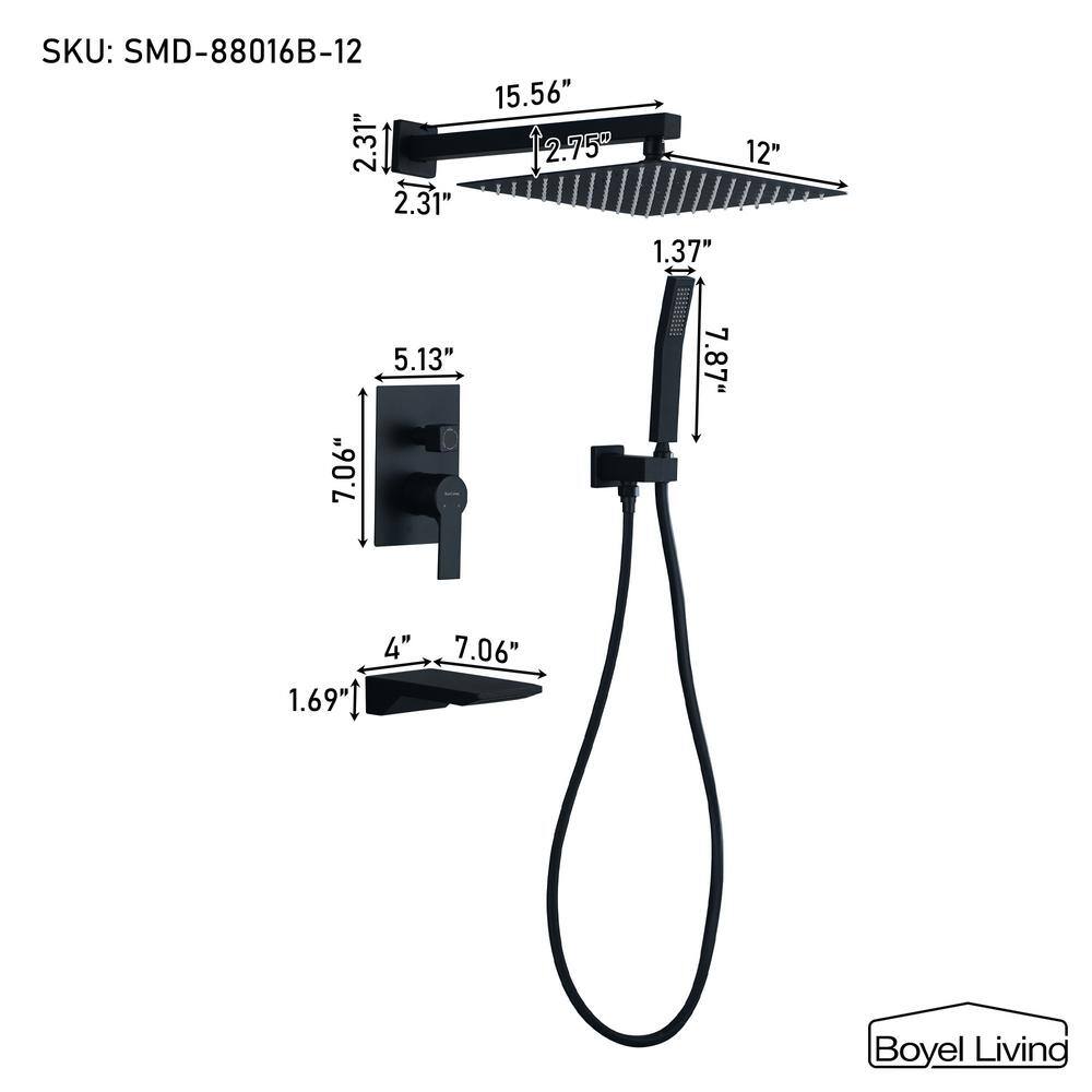 Boyel Living Wall Mount Single-Handle 1-Spray Tub and Shower Faucet with 12 in. Fixed Shower Head in Matte Black (Valve Included) SMD-88016B-12