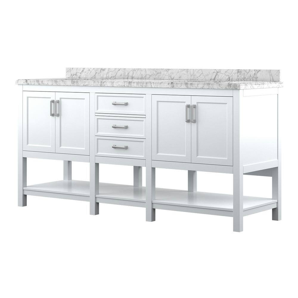 Home Decorators Collection Everett 72 in. W x 22 in. D Vanity Cabinet in White with Carrara Marble Vanity Top in White with White Basins EEWVT7222D