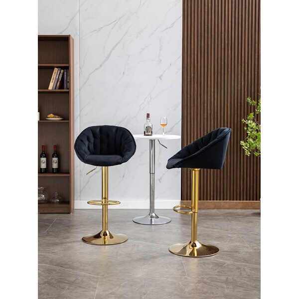 Velvet Swivel Tufted Adjustable Height Bar Stools With Golden Footrest(set of 2)