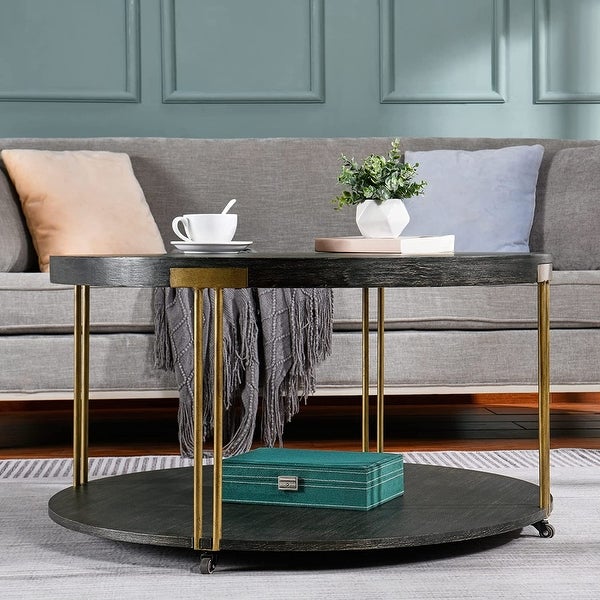 Round Coffee Table 2-Tier Cocktail Table with Storage Shelf Solid Wood