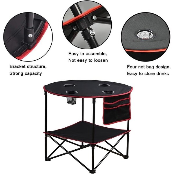 Folding Camping Table with 4 Cup Holders With Side Storage Bag，Black+red