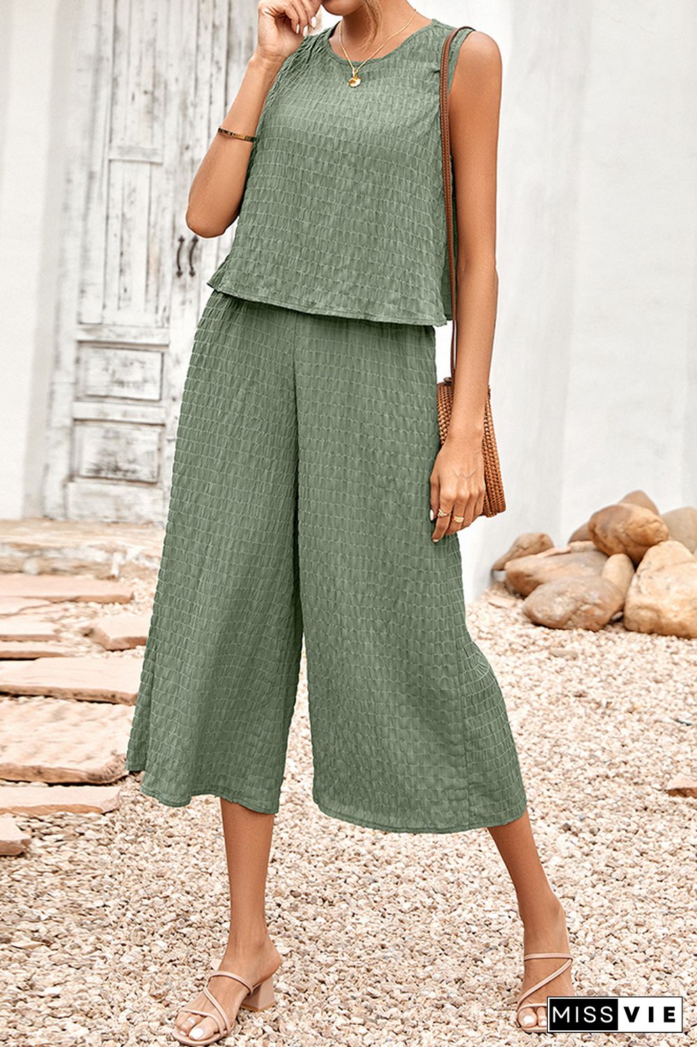 Frilled Texture Sleeveless Tank with Wide Leg Pants Jumpsuit