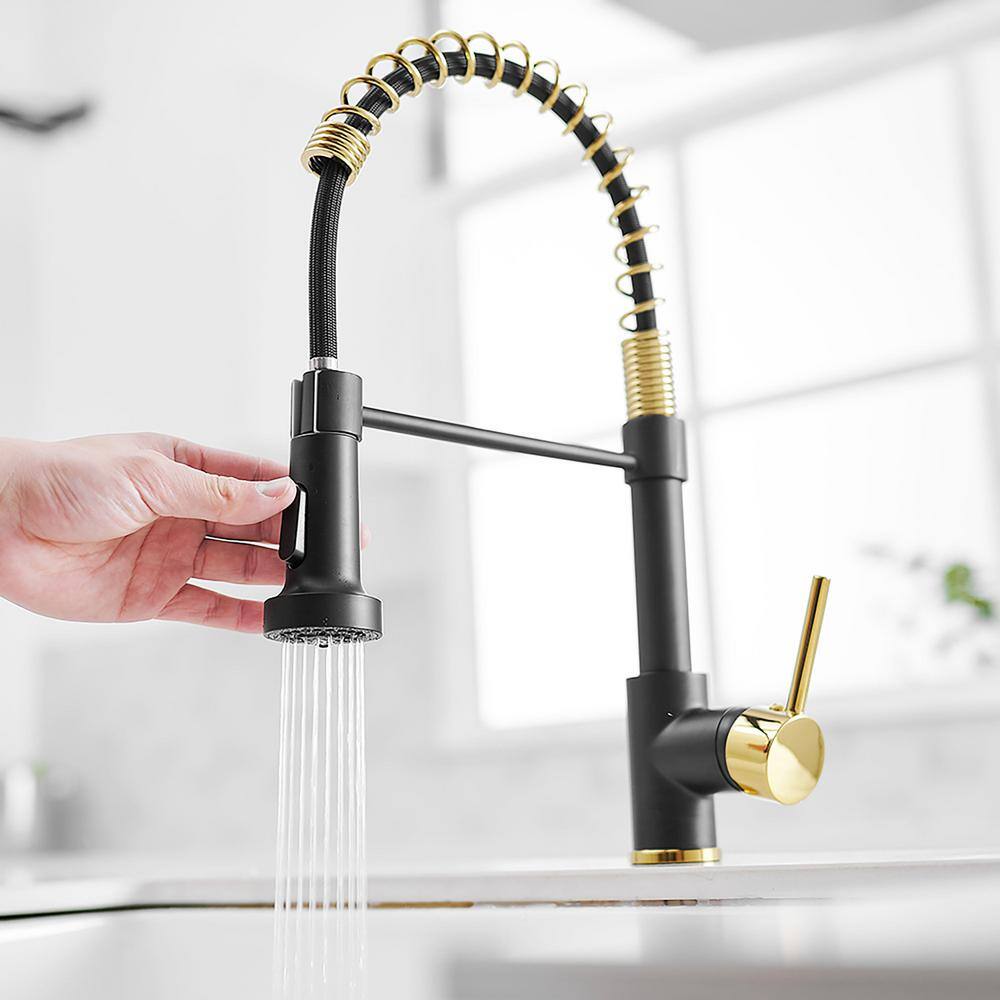 matrix decor Single Handle Pull Down Sprayer Kitchen Faucet with Advanced Spray in Black and Gold MD-AL189BG45