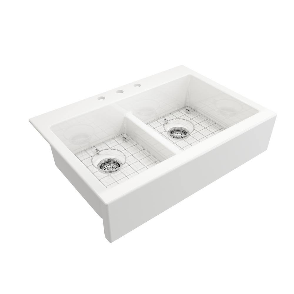 Glacier Bay Farmhouse Apron-Front Fireclay 34 in. 3-Hole Double Bowl Kitchen Sink in White with Bottom Grid 3ABRB-01-001