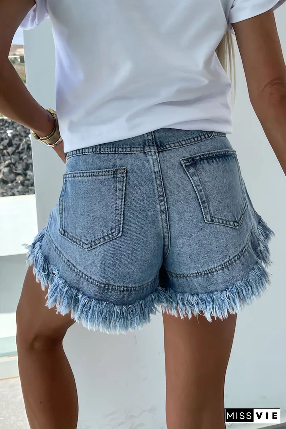 Sky Blue Raw Hem Acid Wash Denim Shorts