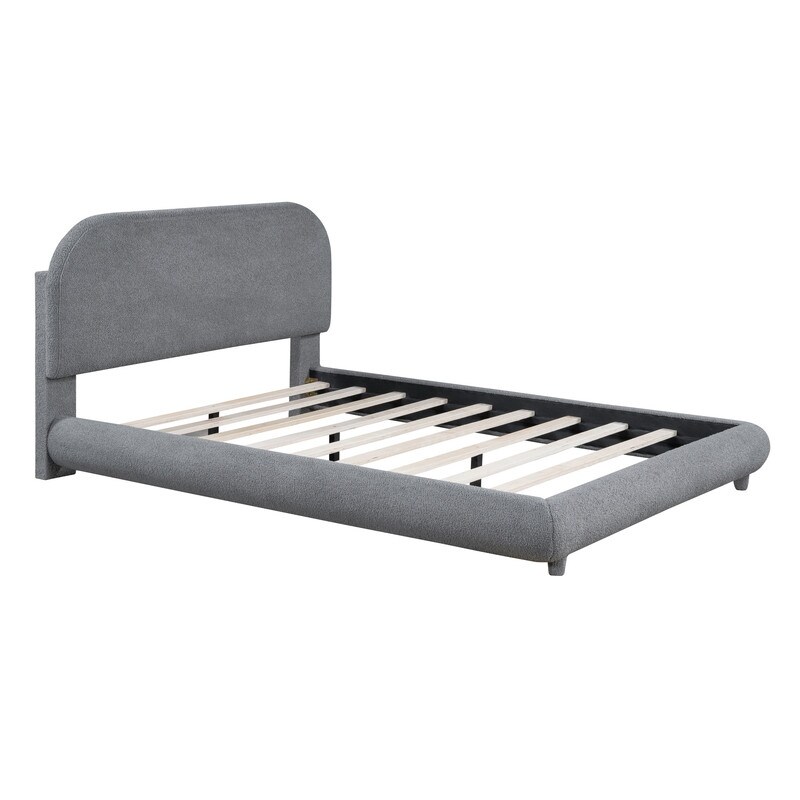 Solid Frame Full Size Upholstered Platform Bed with Thick Fabric  Curve shaped Design