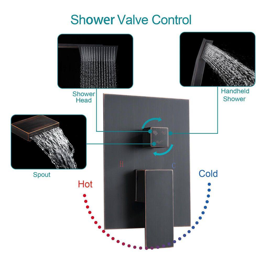 Logmey 3-Spray Patterns with 1.8 GPM 12 in. Wall Mount Dual Shower Heads with Waterfall Faucet in Oil Rubbed Bronze LMOR1326