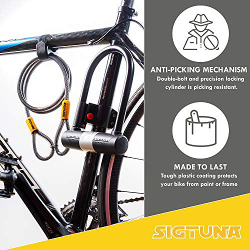 SIGTUNA Bike Locks - 16mm Heavy Duty U Lock with U-Lock Shackle and Bicycle Lock Mount Holder + 1200mm Steel Chain Cable Bike Lock