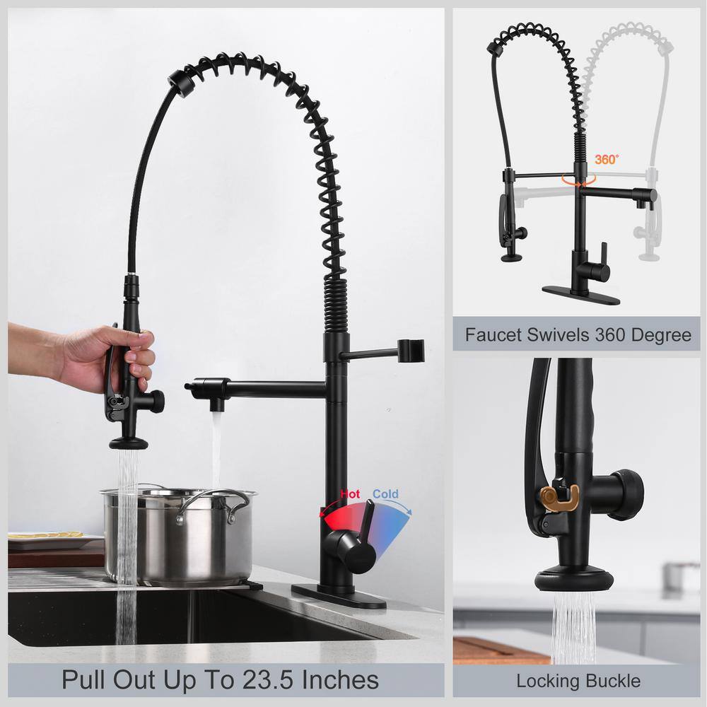 IVIGA Deck Mounted Commercial Double-Handle Pull Down Sprayer Kitchen Faucet in Black VG42200602B