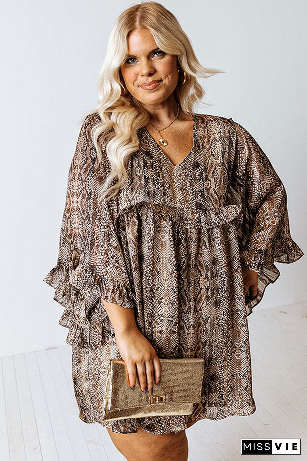 Brown Snake Print Crinkle Plus Size Dress