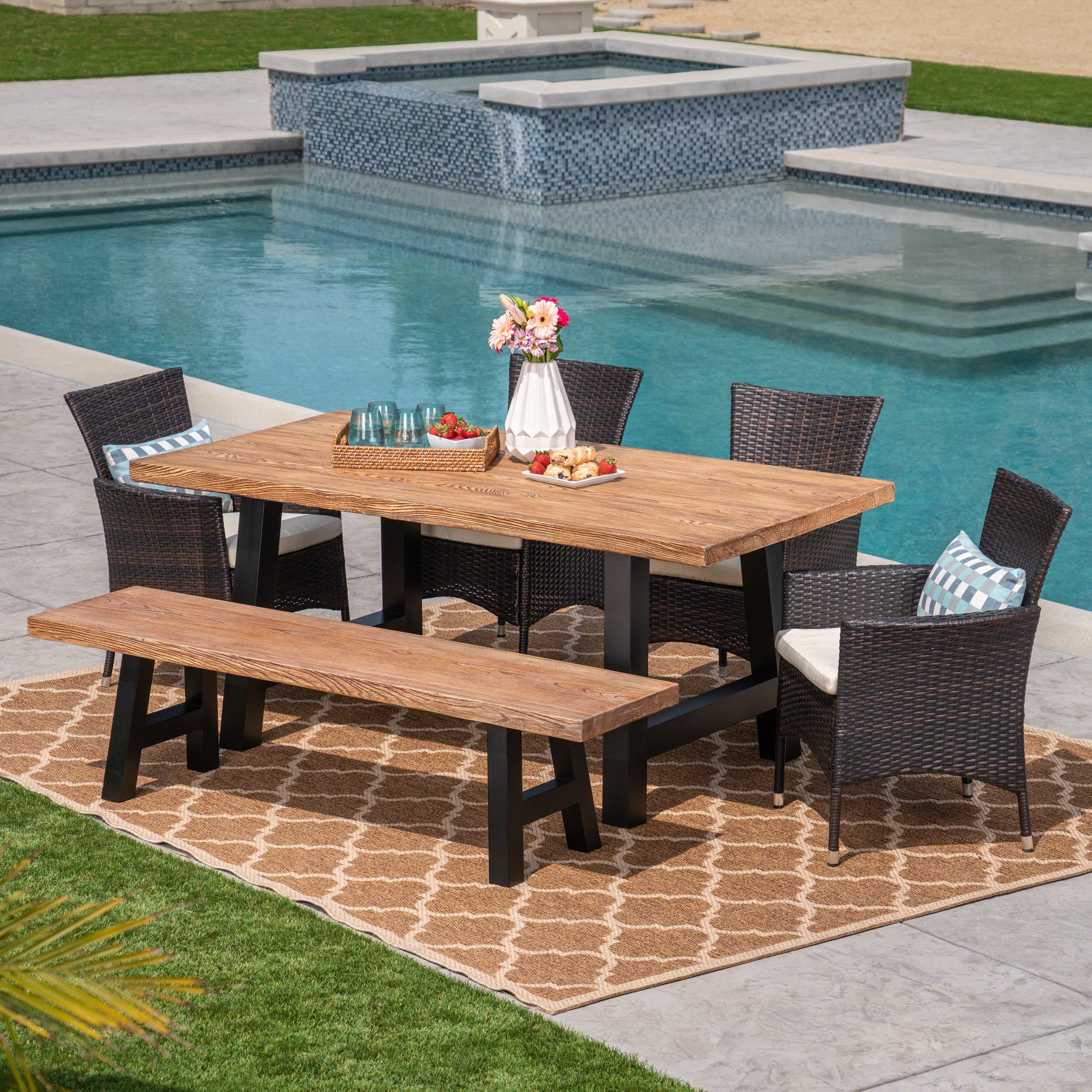 Lisa Outdoor 6 Seater Wicker & Concrete Dining Set With Bench