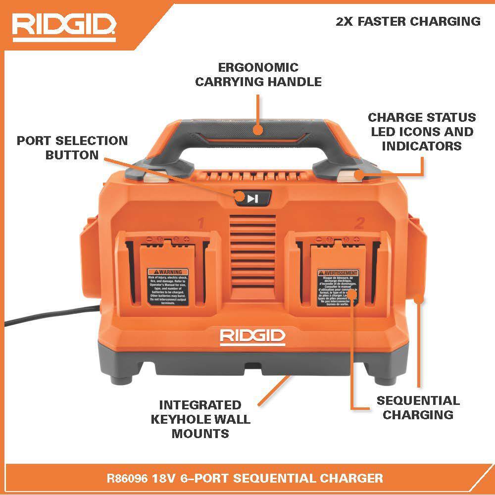 RIDGID 18V 6-Port Sequential Charger with 4.0 Ah Lithium-Ion Battery (2-Pack) AC86096-AC87004P