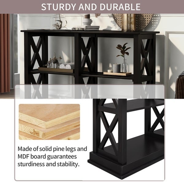 Modern Style Console Table with 3-Tier and Shelves， X Shape Legs