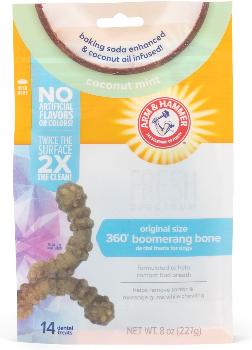 Arm and Hammer Fresh Spectrum 360 Boomerang Bone Coconut Mint Dental Dog Treats， 14 count