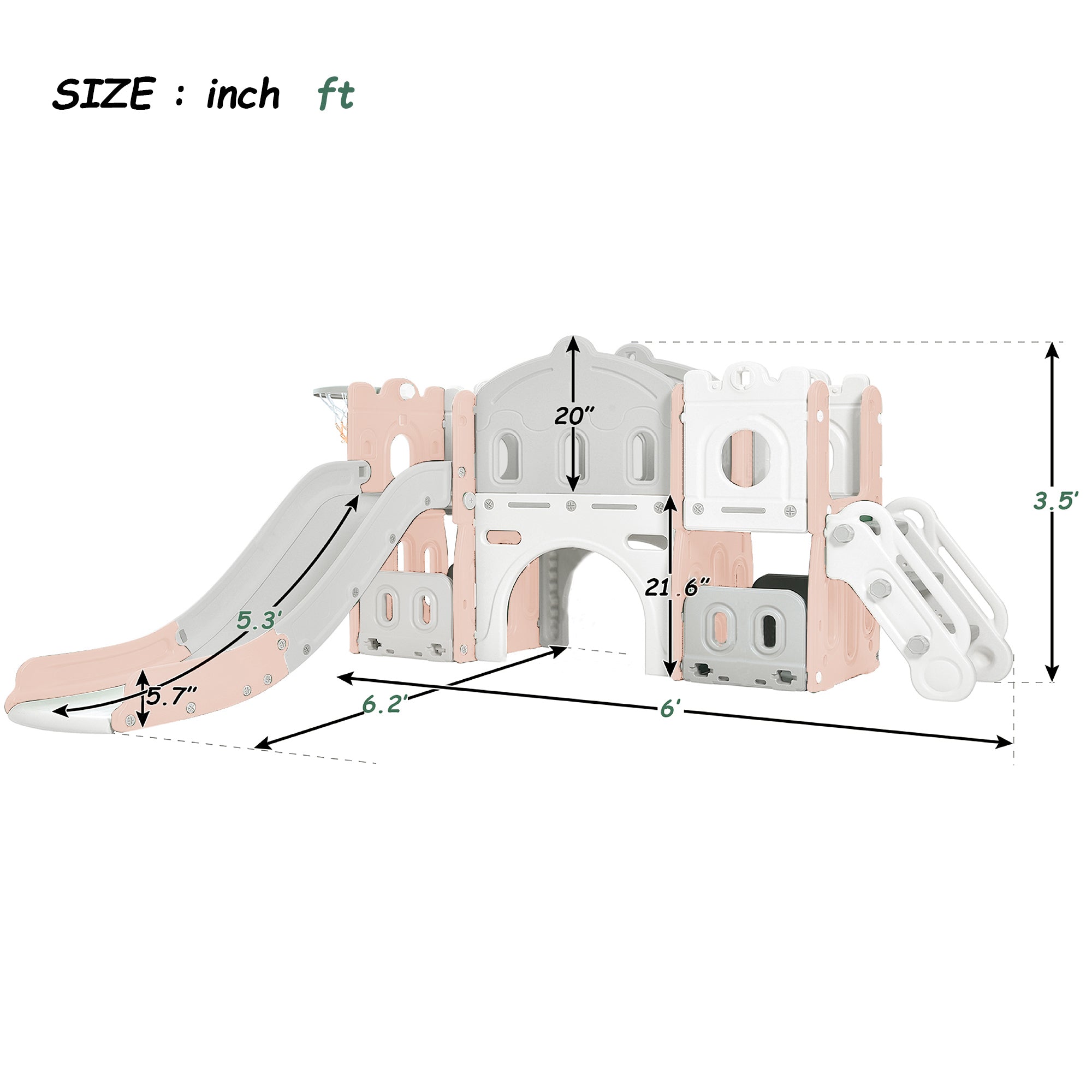 Gardenry Kids Slide Playset Structure， Freestanding Castle Climber with Slide and Basketball Hoop， Toy Storage Organizer for Toddlers， Kids Climbers Playhouse for Indoor Outdoor Playground Activity