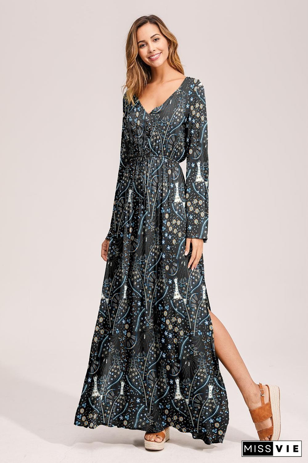 Floral Deep Long Sleeves Tie Back Ruffled Hem Maxi Dress