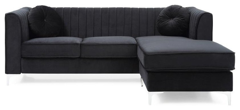 Delray 87 in. Black Velvet L Shape 3 Seater Sectional Sofa with 2 Throw Pillow   Midcentury   Sectional Sofas   by BisonOffice  Houzz