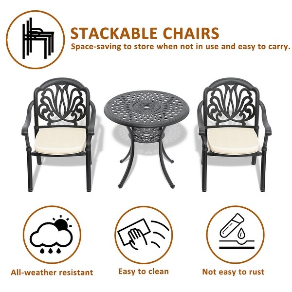 3pcs Cast Aluminum Patio Furniture Set Outdoor Bistro Set w/Cushions and Umbrella Hole - Overstock - 38000803