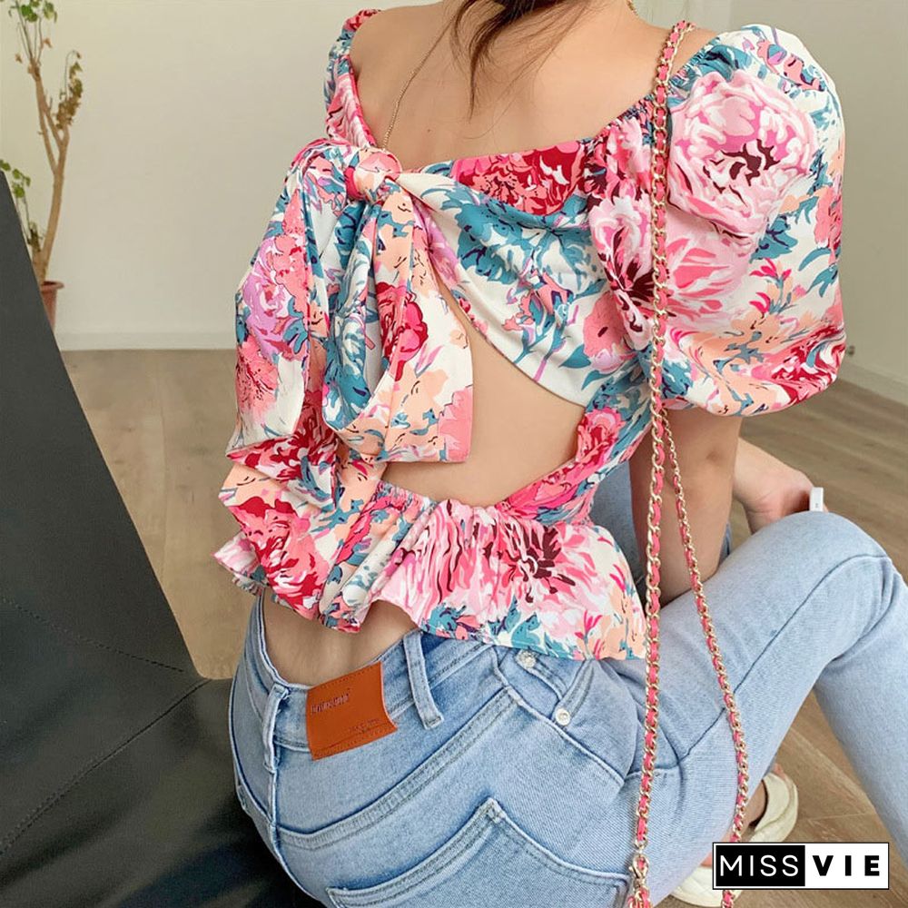 Backless Bow Knot Floral Print T-Shirt