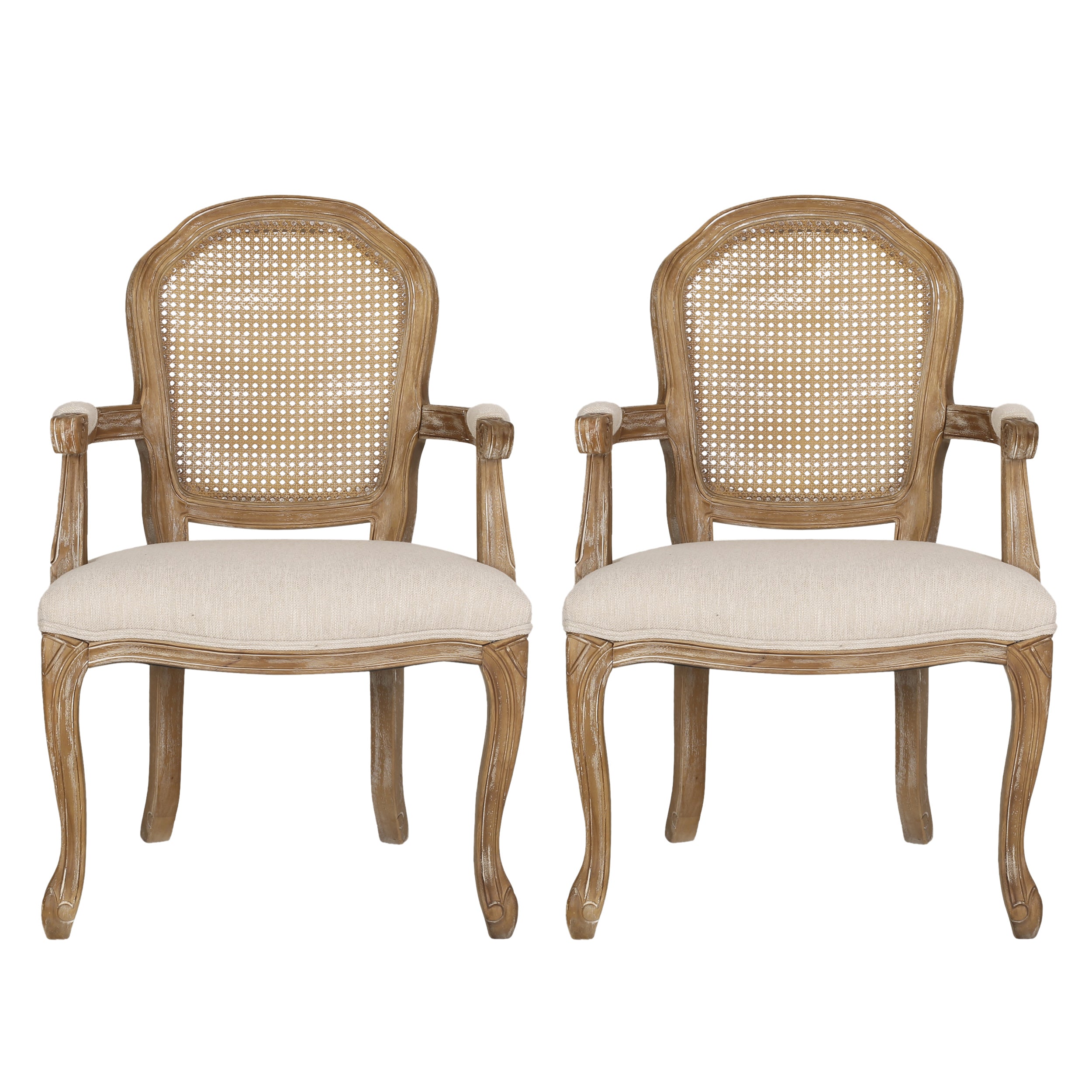 Mariette French Country Wood and Cane Upholstered Dining Chair, Set of 2