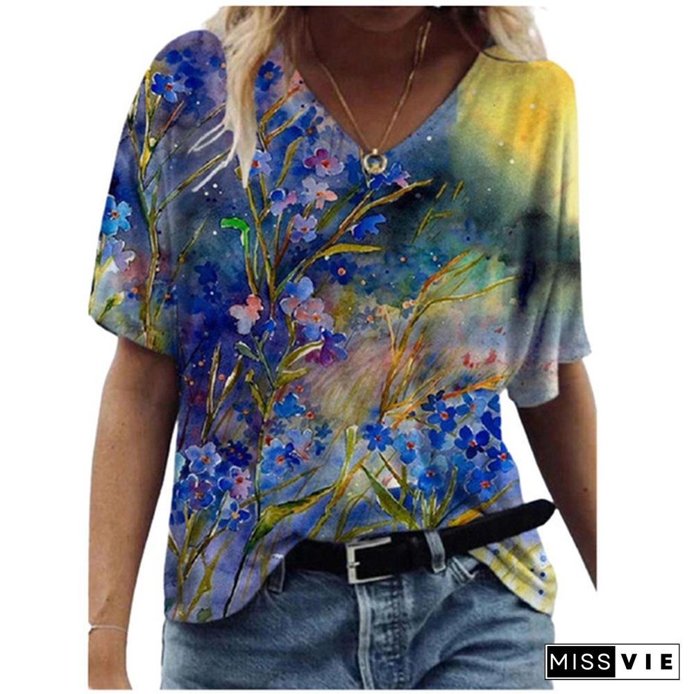 Women 3D Flower Print T Shirt Abstract Top Summer New Fashion Street Casual V-Neck Loose Tee Oversized Ladies Cotton Tops Plus Size XS-8XL