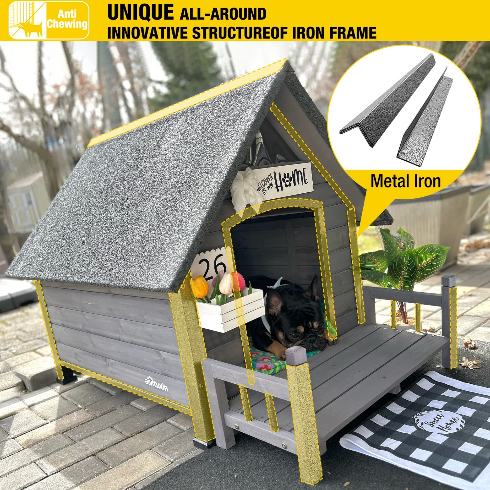 Morgete Outdoor Dog House， Puppy Shelter with Chewproof Design for Small Medium Dogs