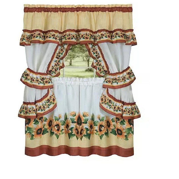 Kate Aurora Chevron Sunflower Complete Cottage Kitchen Curtain Tier amp Valance Set