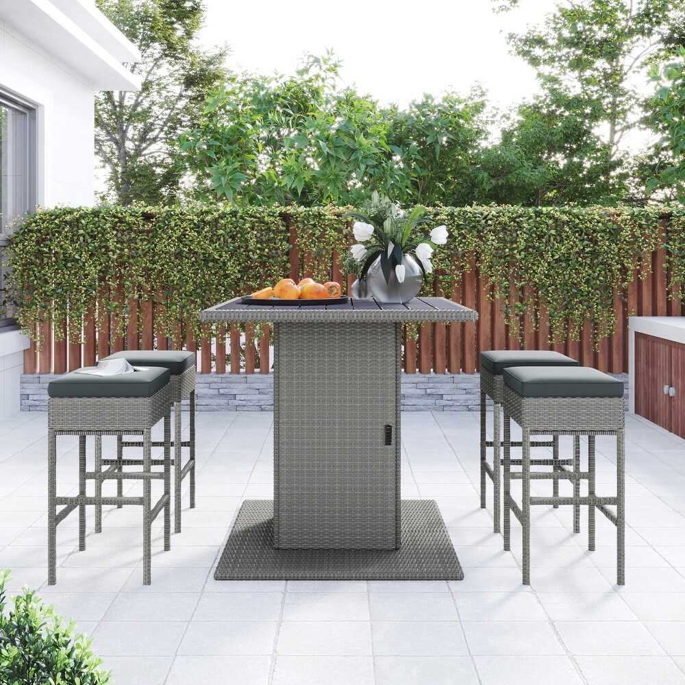 Patio 5 piece Rattan Dining Sets  Wicker Square Kitchen Table Set with Storage Shelf and 4 Padded Stools  for Garden  Gray