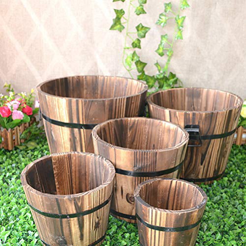 Yardwe Wooden Whiskey Barrel Planter Round Wooden Garden Flower Pot Decor Plant Container Box Brown Large (19 x 14 x 15 cm)