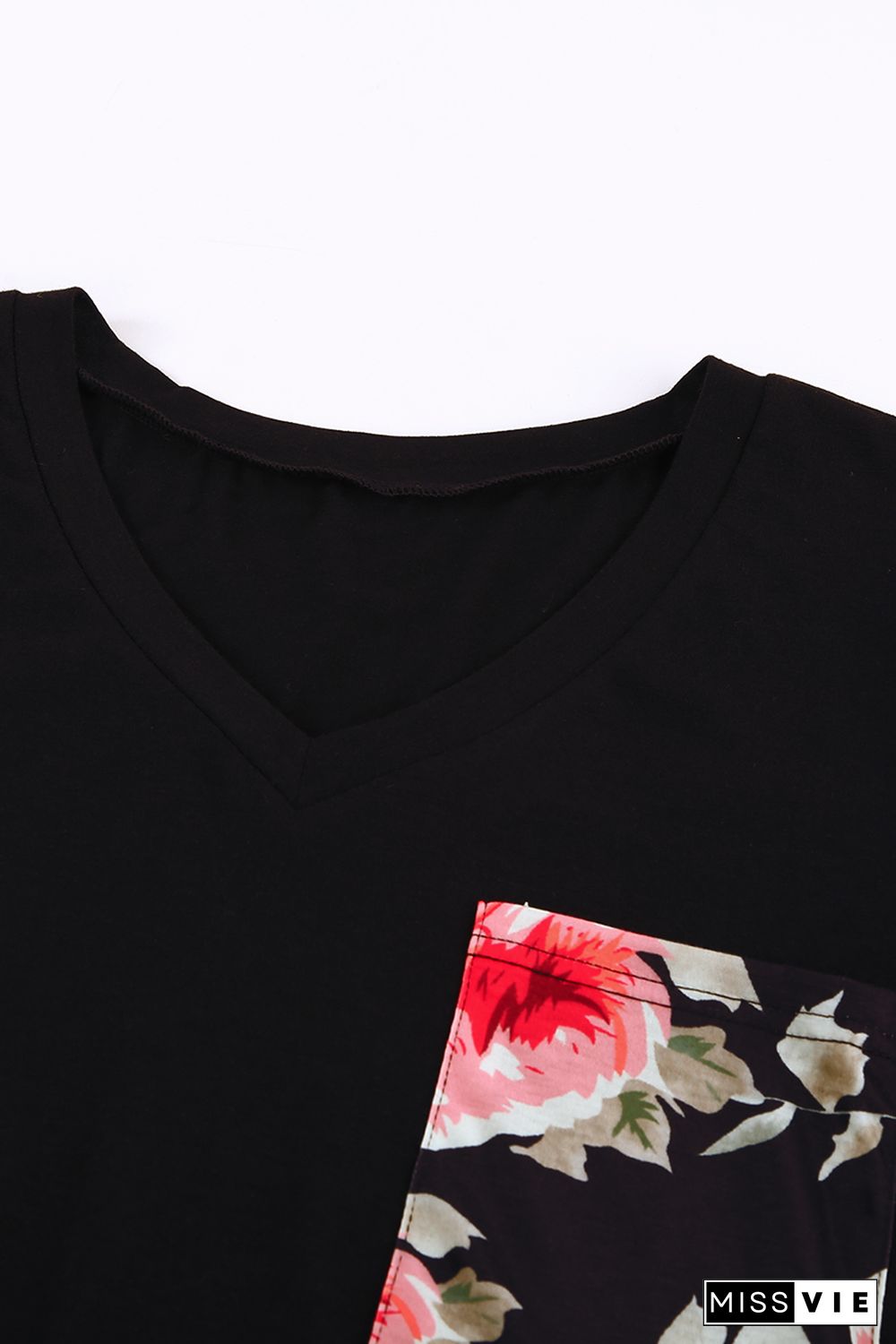 Black Women's Casual Floral Printed Splicing Pullover Pocket T-shirt