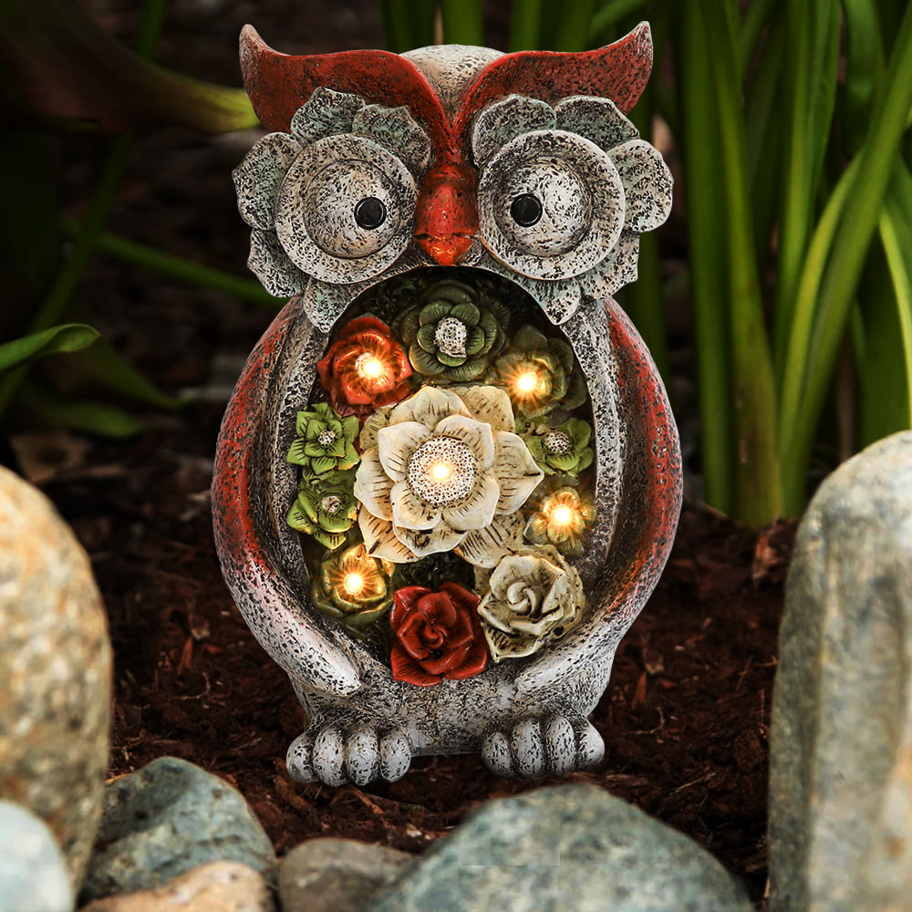 Garden Statue Owl Figurine - Resin Statue with Solar LED Lights for Patio Yard Art Decor, Lawn Ornaments, Indoor Outdoor Decorations