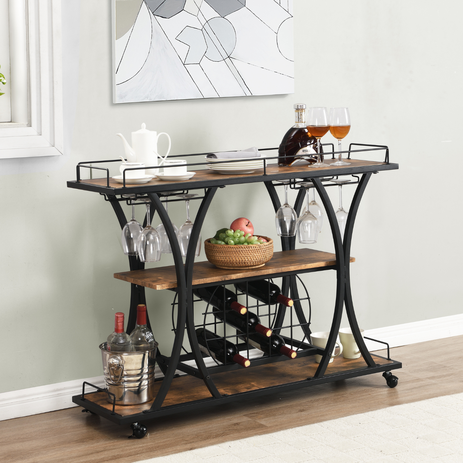 Industrial Rolling Bar Cart Home Kitchen Bar Cart and Dining Cart on Wheels 3 Tier Storage Shelf