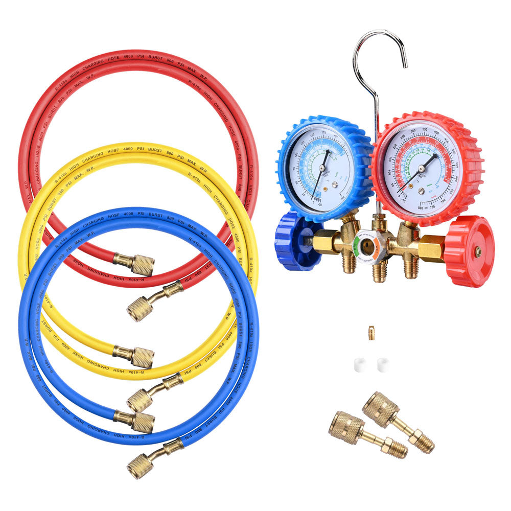 2 Valve R410a Refrigerant Manifold Gauge w/ 3 Hoses Side