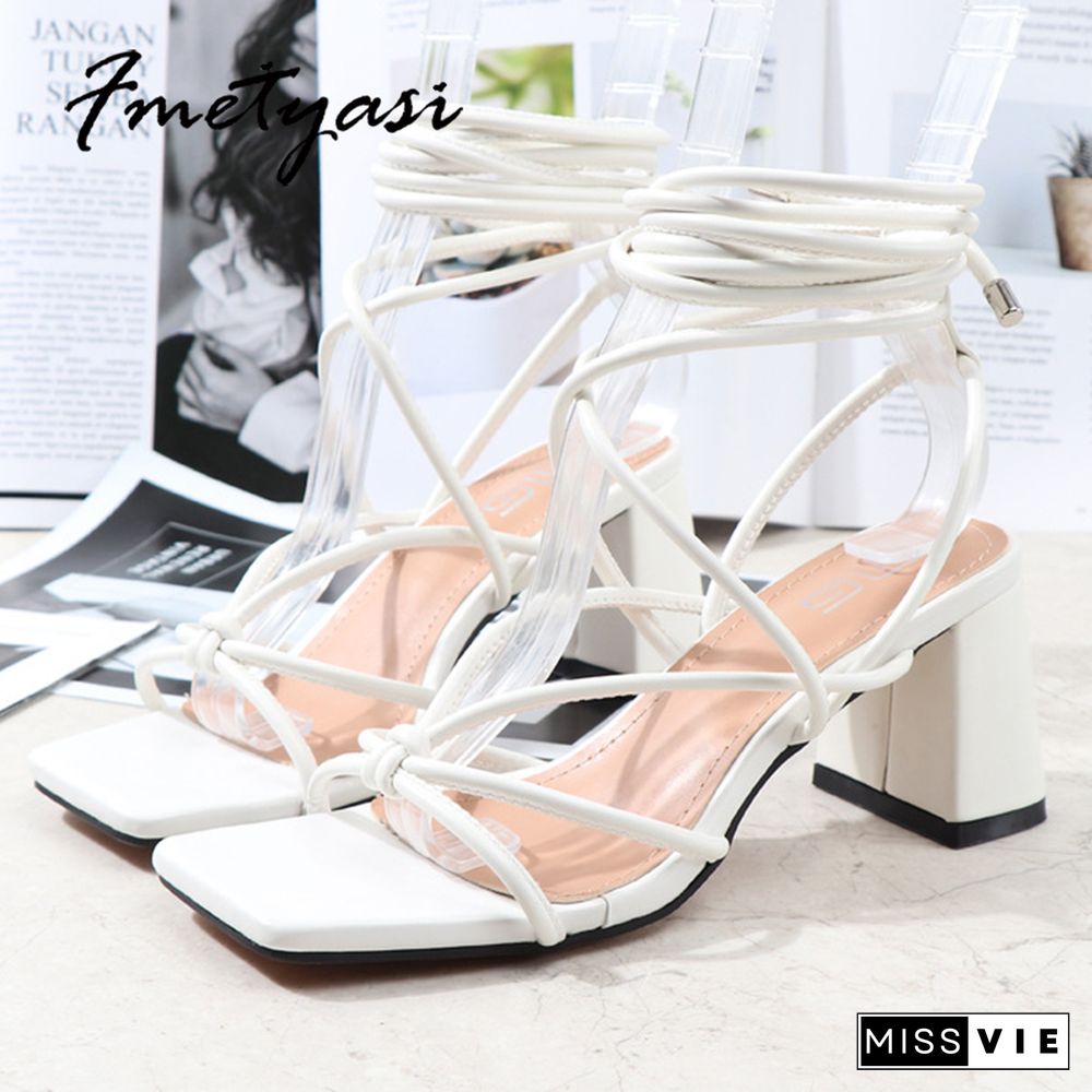 Summer Women Sandals Heels Lace Up Square Toe Block Heels Sexy Blue Black Gladiator Ankle Strap Heels For Women