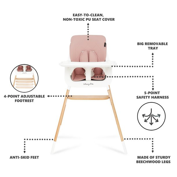 Dream On Me Nibble Wooden Highchair， Compact High Chair， Light Weight， Portable， Pink