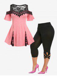 Lace Panel Cold Shoulder Tee and Capri Leggings Plus Size Summer Outfit