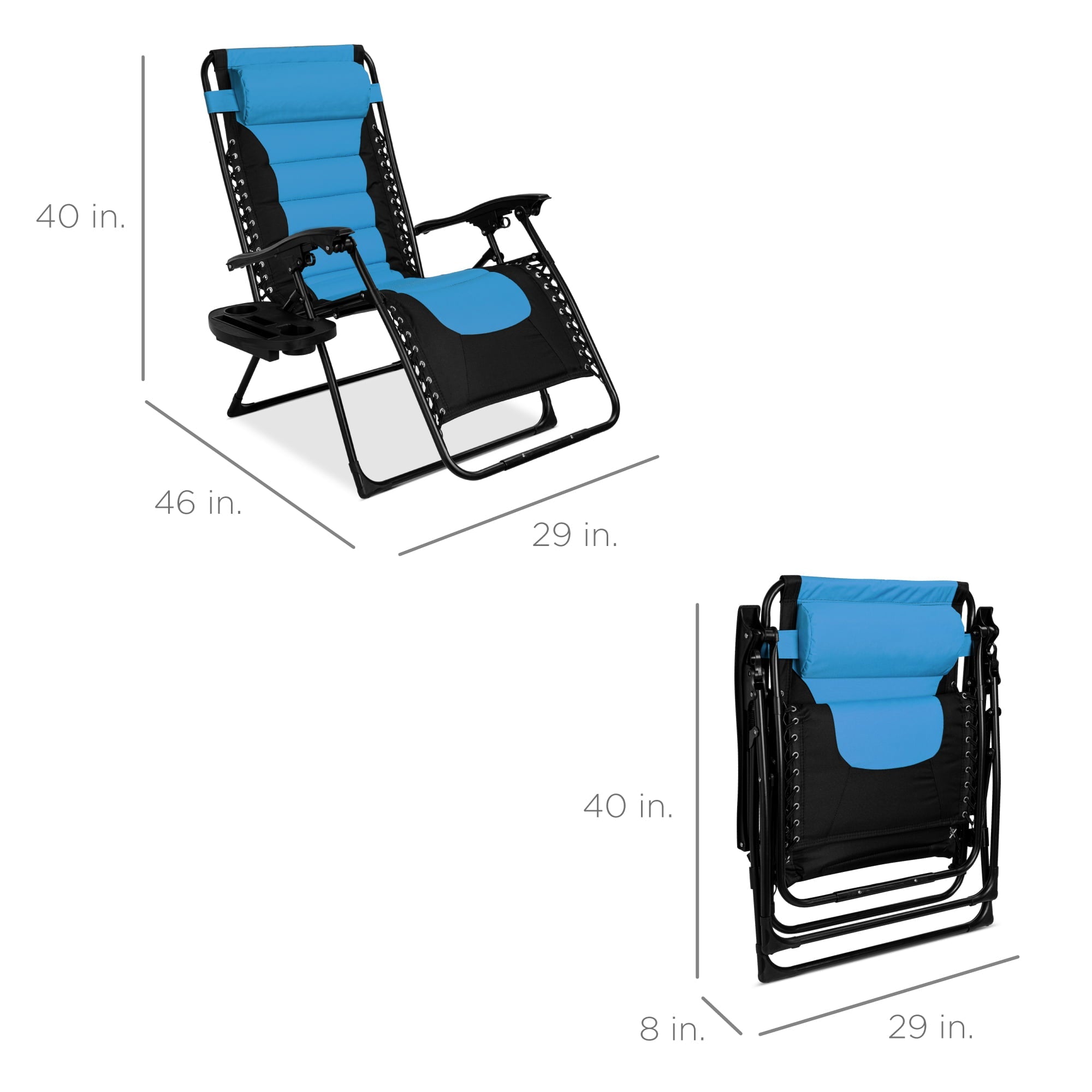 Best Choice Products Oversized Padded Zero Gravity Chair, Folding Outdoor Patio Recliner w/ Side Tray - Sky Blue