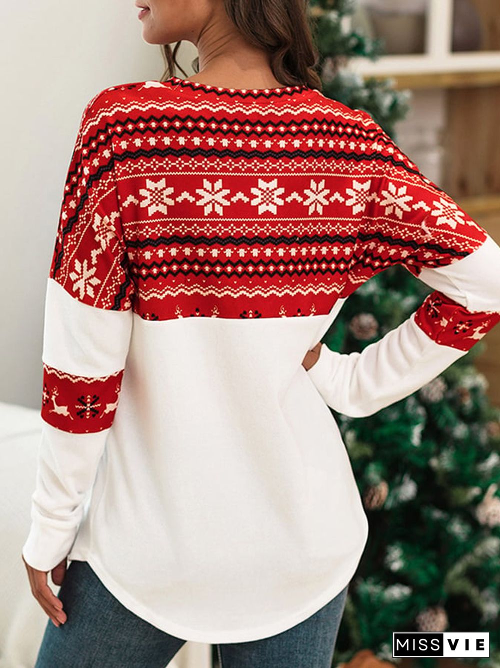 Women's Christmas Elk Print Contrast Loose Sweatshirt