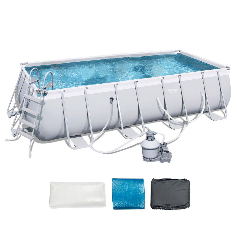 Bestway 18 ft. x 9 ft. Rectangular 48 in. D Hard Side Frame Above Ground Pool Set and Surface Skimmer 56468E-BW + 58233E-BW