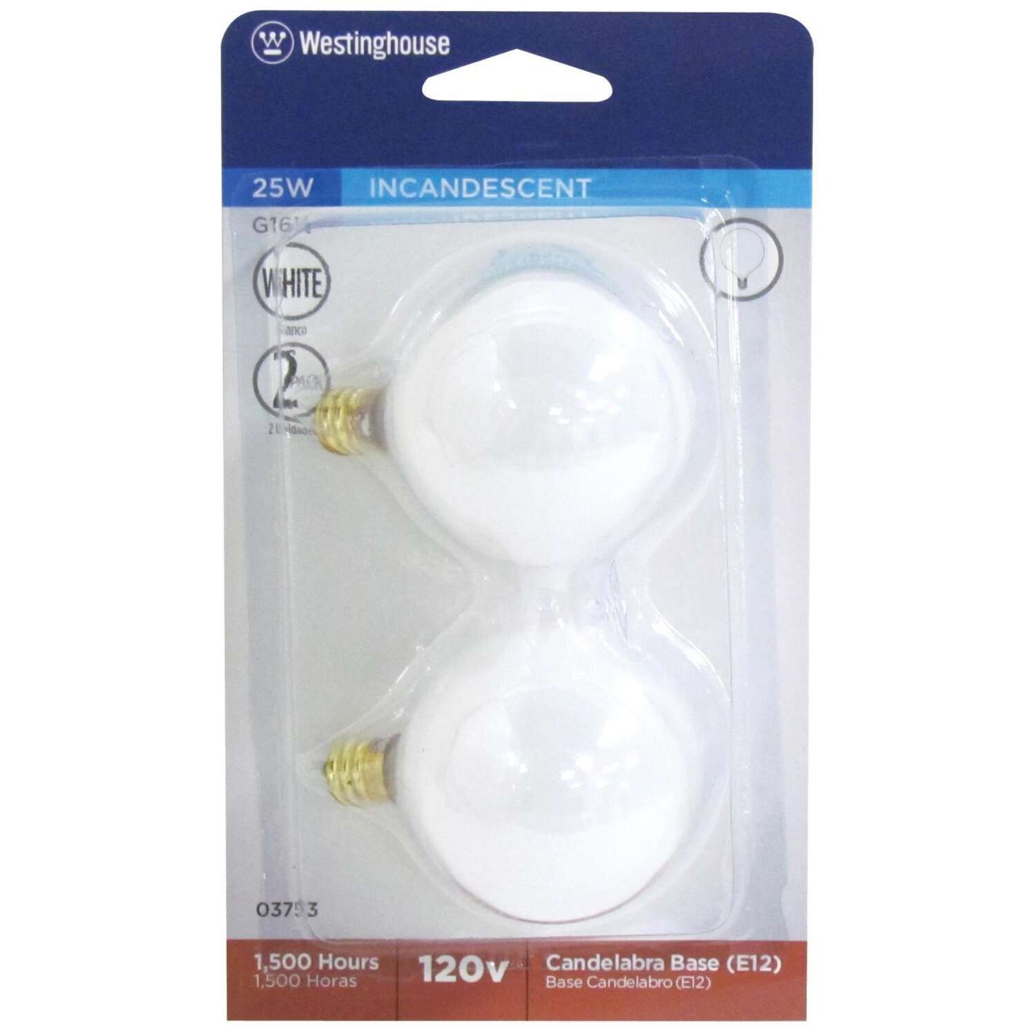 Westinghouse 25 W G16.5 Globe Incandescent Bulb E12 (Candelabra) White 2 pk