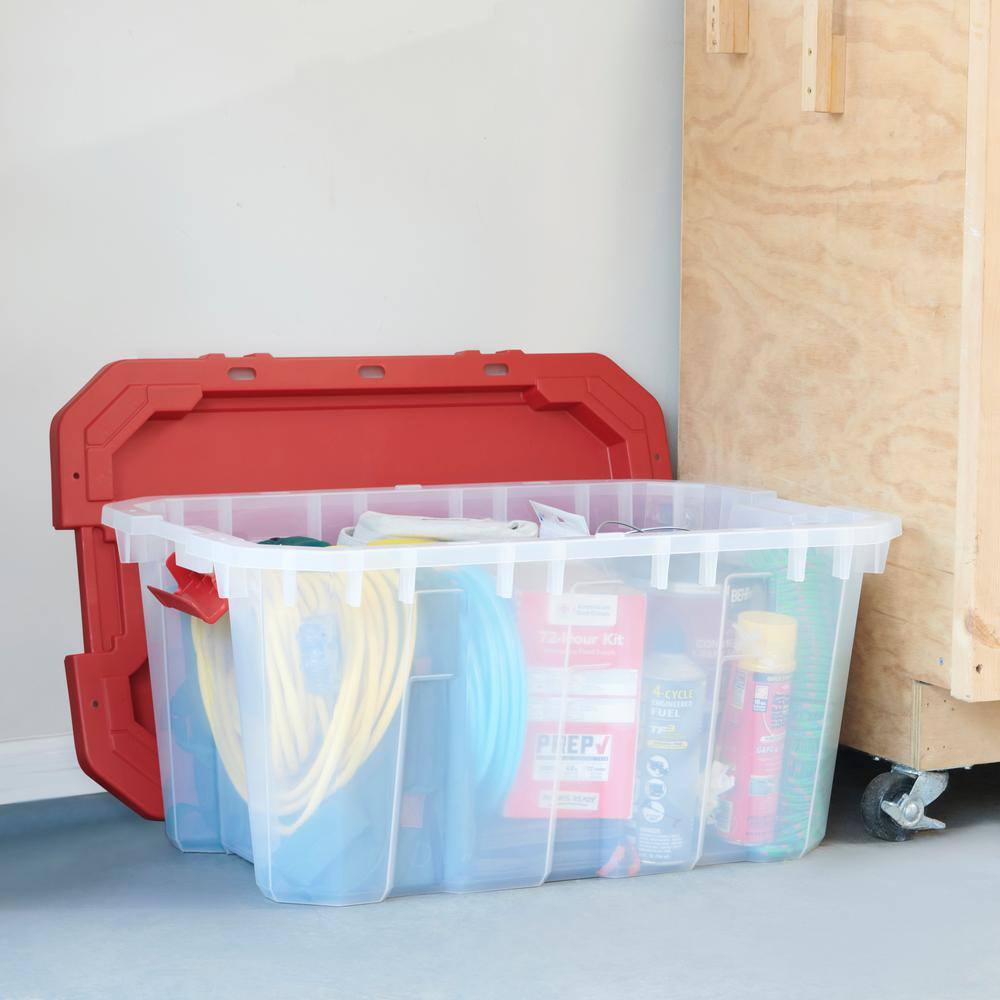 Husky 25 Gal. Latch and Stack Tote in Clear with Red Lid 206234