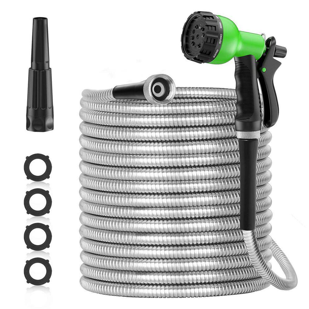 Dyiom 58 in. Dia. x 70 ft. Heavy Duty 304 Stainless Steel Metal Water Garden Hose with 2 Nozzles B07ZR8RKLK