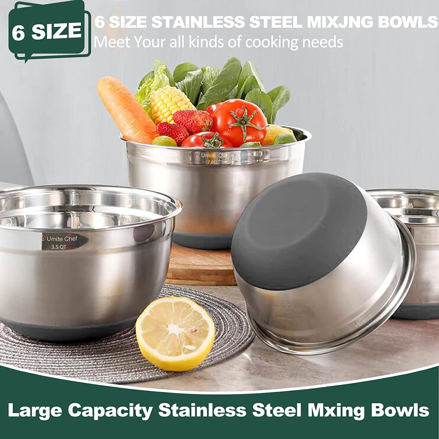 Chef Mixing Bowls with Airtight Lids 6 Piece Stainless Steel Metal Bowls, Measurement Marks & Colorful Non