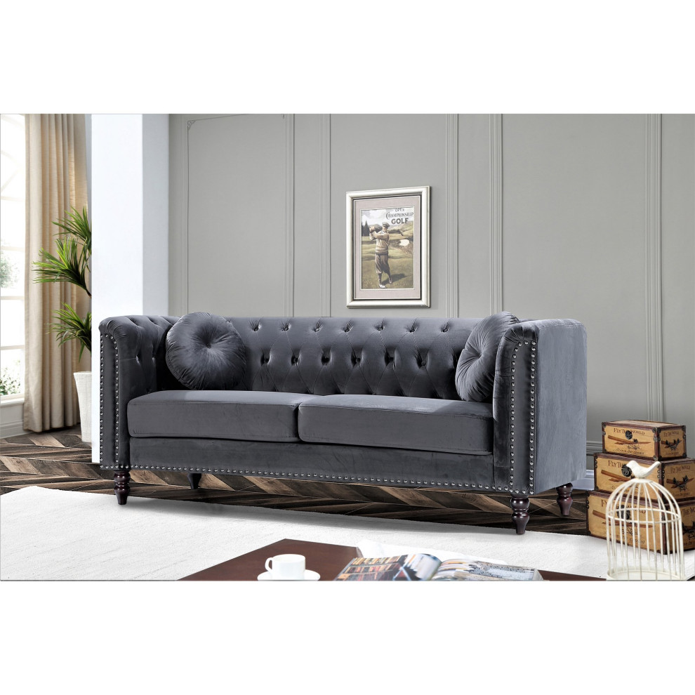 Elegant Sofa  Nailhead Trim  ampButton Tufted Back With 2 Pillows   Traditional   Sofas   by Decorn  Houzz