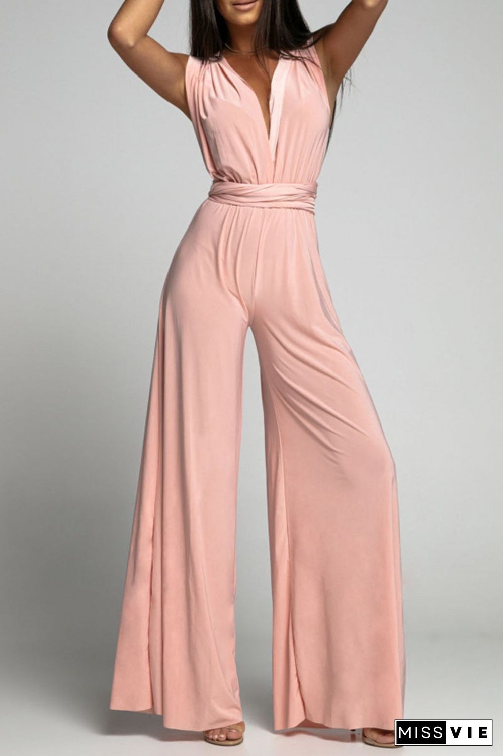 Casual Elegant Solid Backless Cross Straps V Neck Jumpsuits