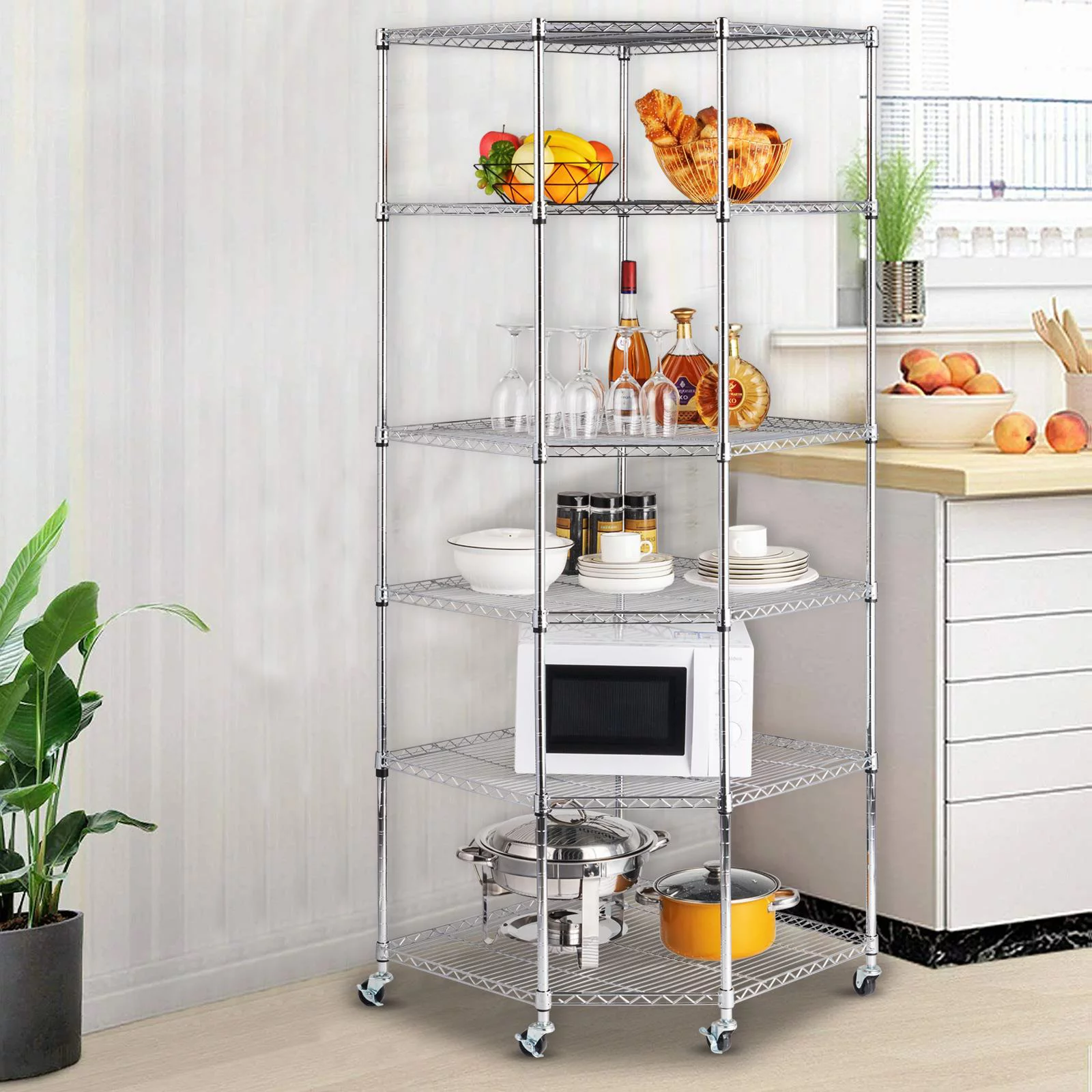 Zimtown 6-Tire Heavy Duty Wire Garage Storage Rack, Steel Corner Shelving with Wheels, Silver
