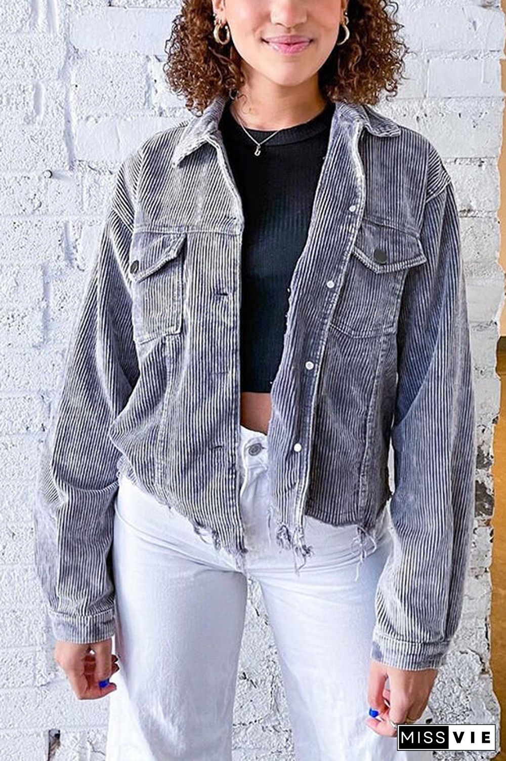 Frayed Hem Cropped Corduroy Jacket