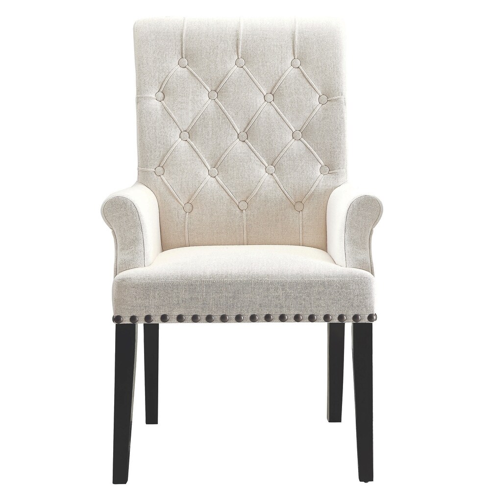 Decorative Rolled Button Beige Tufted Arm Chair with Nailhead Trim