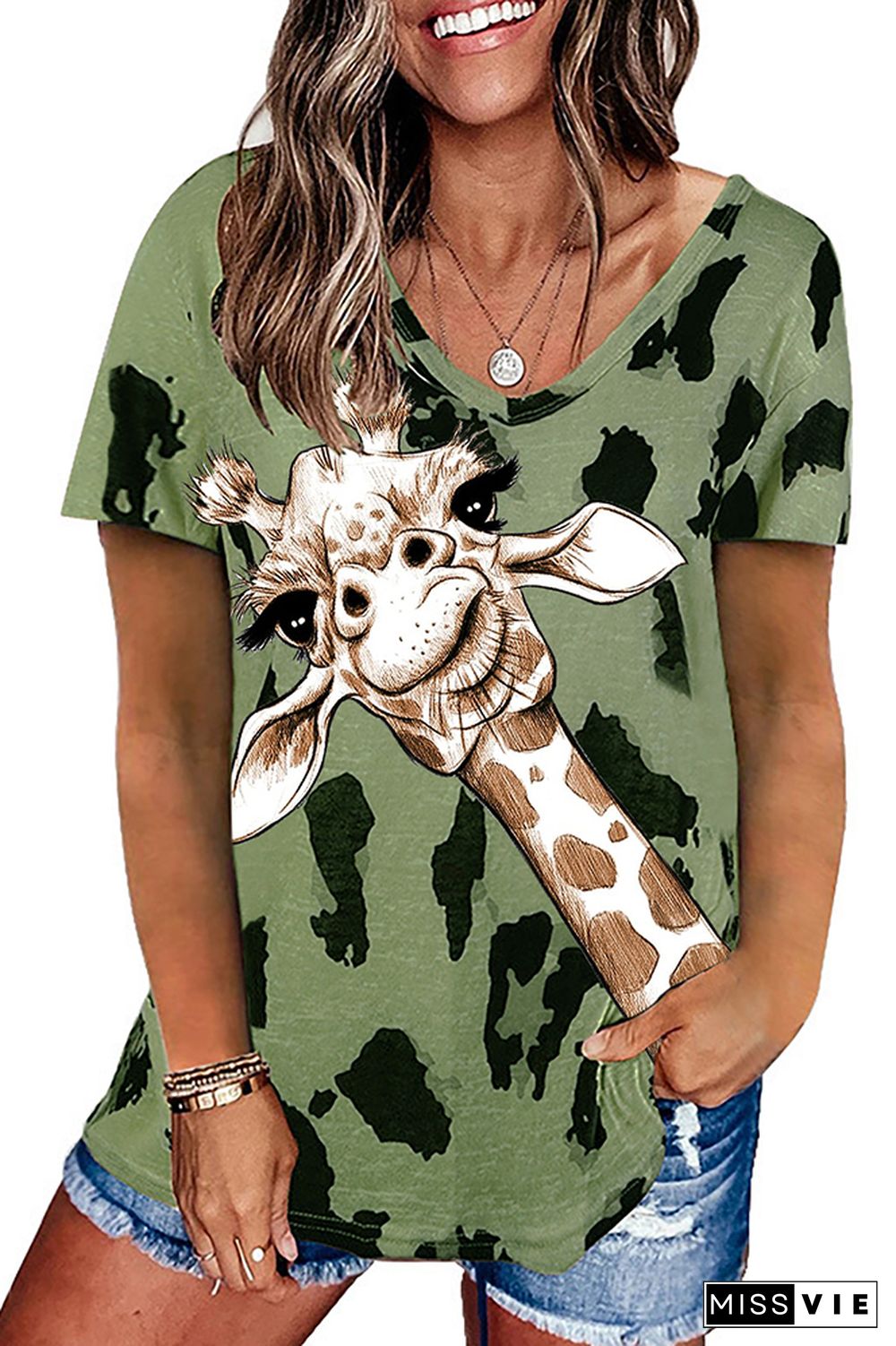 Giraffe Leopard Printed Casual Loose Short Sleeve T-shirt