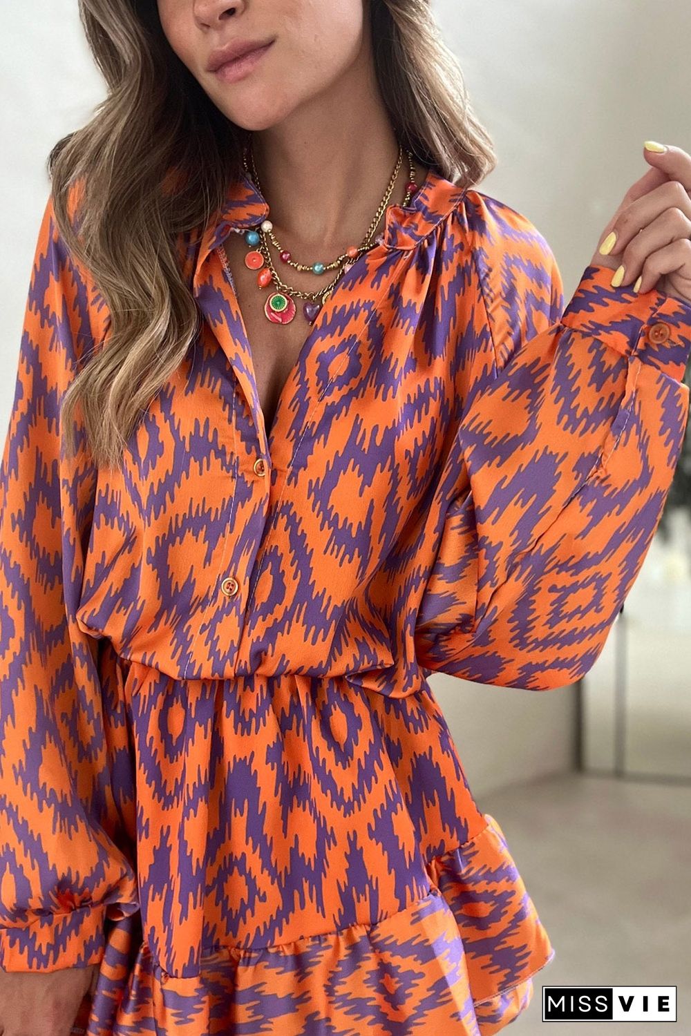 Orange Aztec Bubble Sleeve High Waist Romper